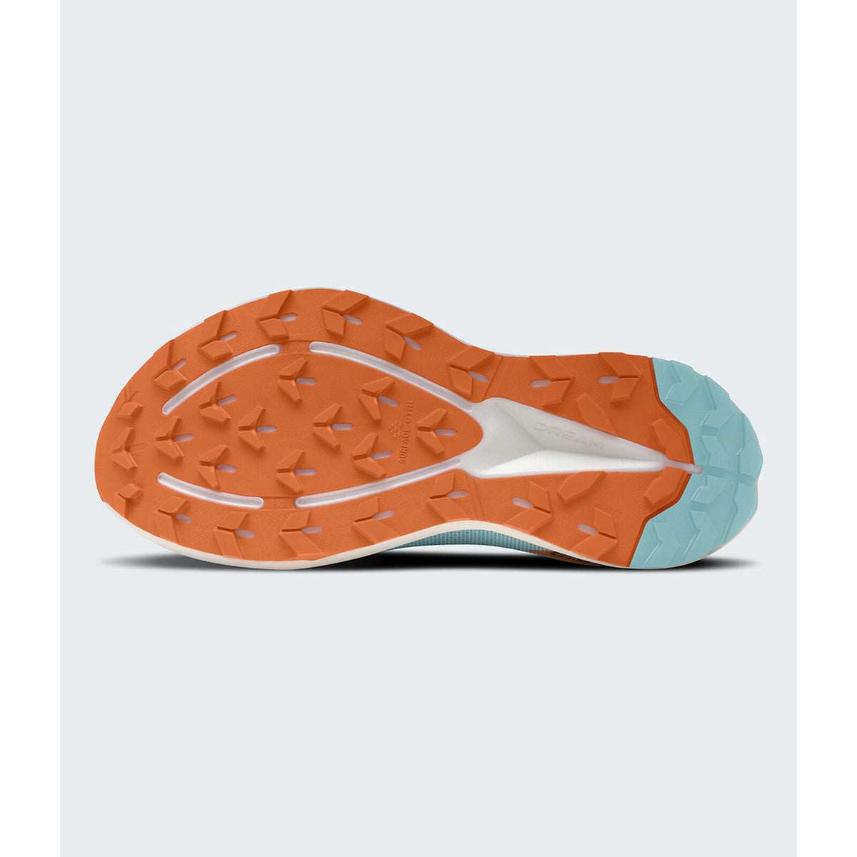 The outsole of a trail running shoe shown from a top-down view, featuring a textured orange rubber tread with a white midsole and a light blue protective heel cap, set against a light gray background. - The North Face Summit Series VECTIV Pro 3 Shoes (Unisex) - Canal Blue/Papaya