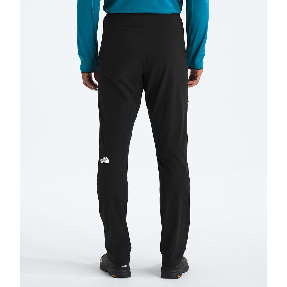 Rear view of a person wearing black The North Face pants and a teal long-sleeve top, standing against a light gray studio background. - The North Face Summit Summit Series Off Width Pants (Men's) - TNF Black