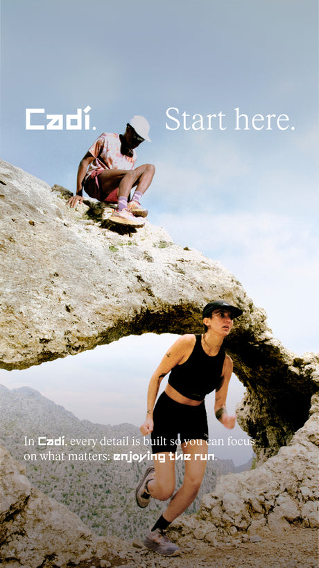 2 runners wearing nnormal cadi trail running shoes on a mountain. with text overlay "cadí. start here" and "in Cadí, every detail is built so you can focus on what meetrs: enjoying the run."