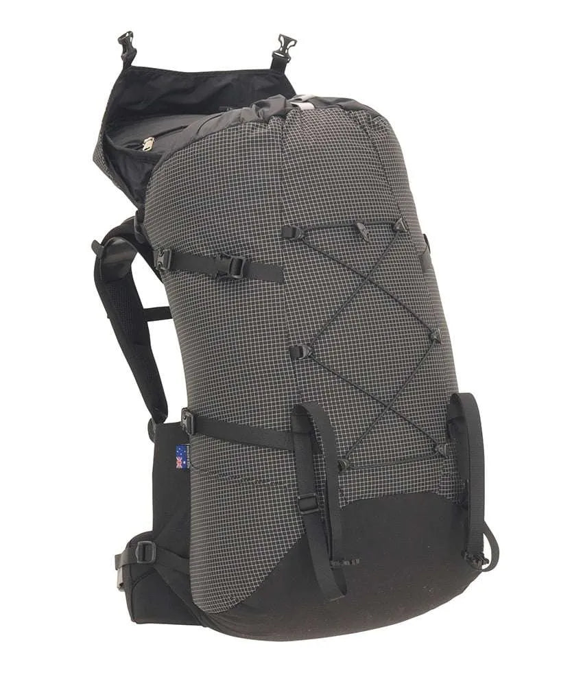 A black and gray patterned hiking backpack with multiple compression straps and buckles, shown against a plain white background. - One Planet Extrovert 55 Pack - Black