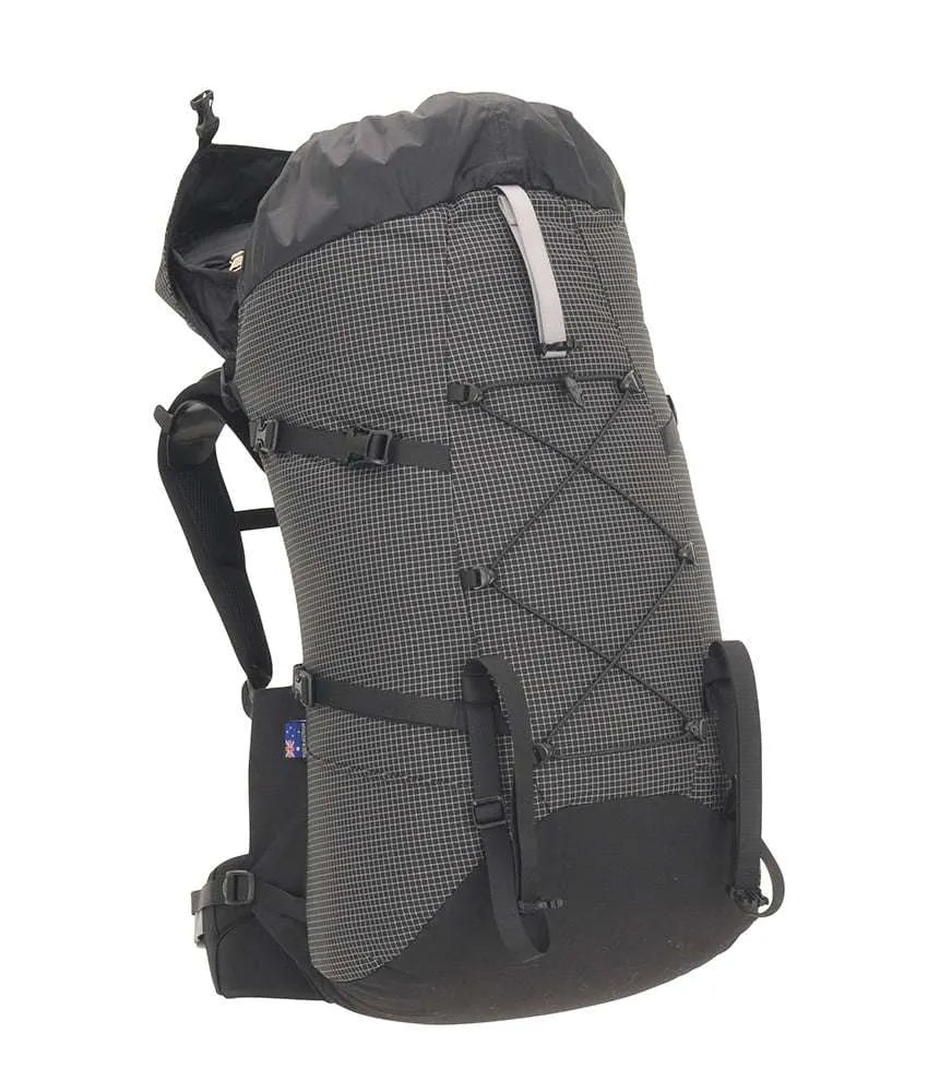 A gray and black hiking backpack with a textured grid pattern, shown from a three-quarter angle against a plain white background. - One Planet Extrovert 55 Pack - Black