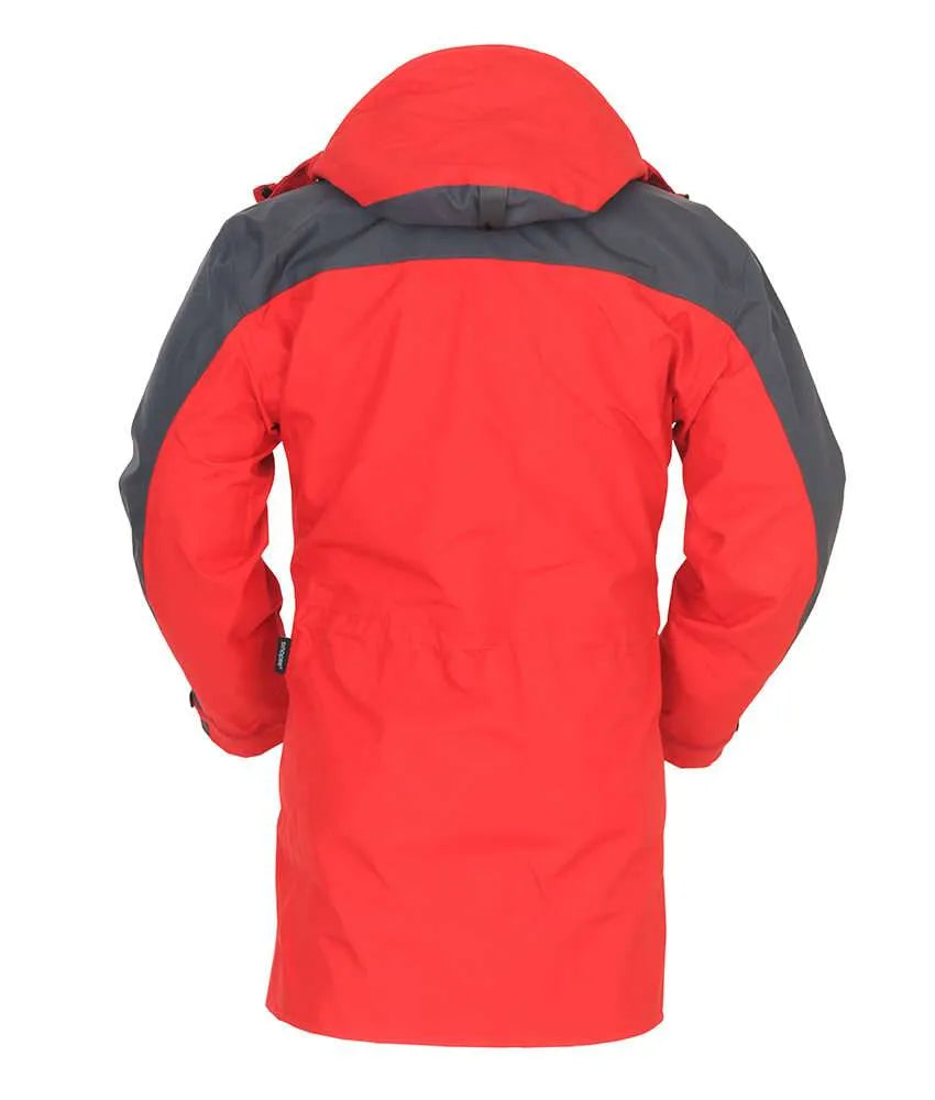 A red and dark gray hooded jacket shown from the back, photographed against a plain white background. - One Planet Torrent Jacket (Men's) - Red/Charcoal