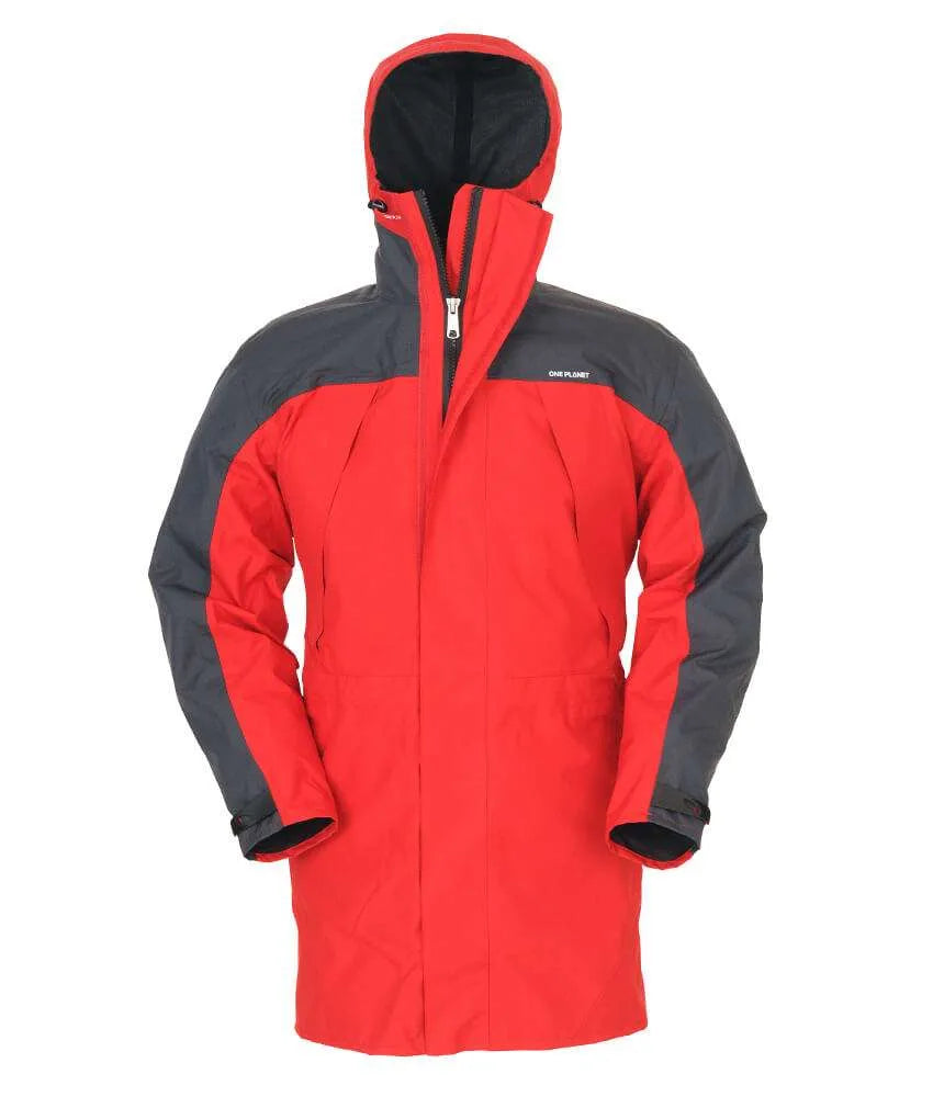 A red and dark gray hooded winter jacket with a full front zipper, shown on a plain white background. - One Planet Torrent Jacket (Men's) - Red/Charcoal