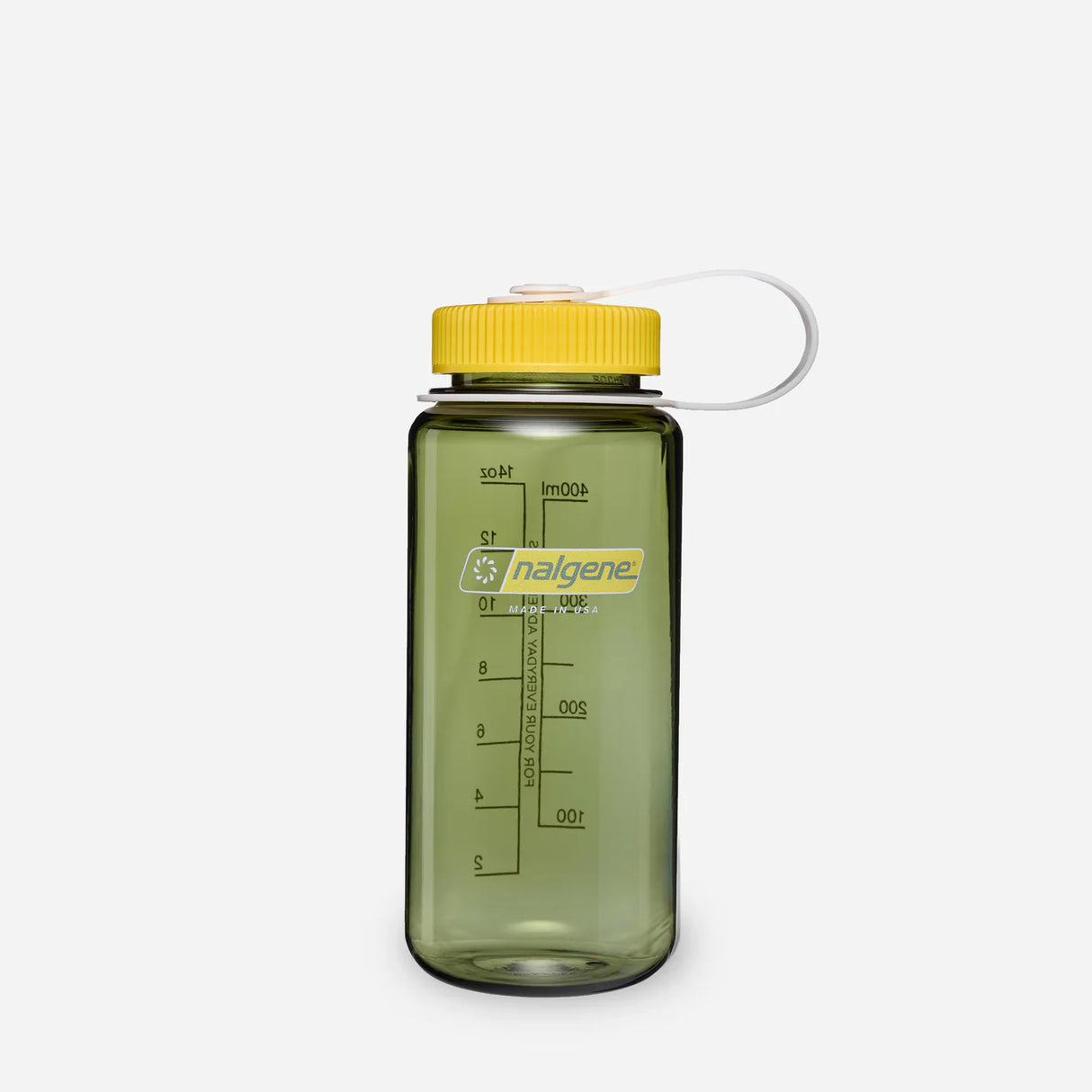 Green Nalgene water bottle with a yellow cap on a white background - Nalgene Wide Mouth Sustain Water Bottle (500ml) - Oil Green With Freesia