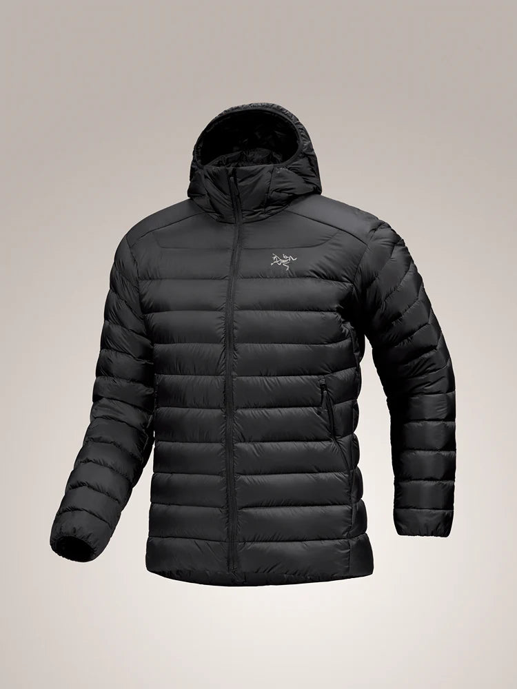 Black puffer jacket with a brand logo on a beige background - Arc'teryx Cerium Hoody (Men's) - Black