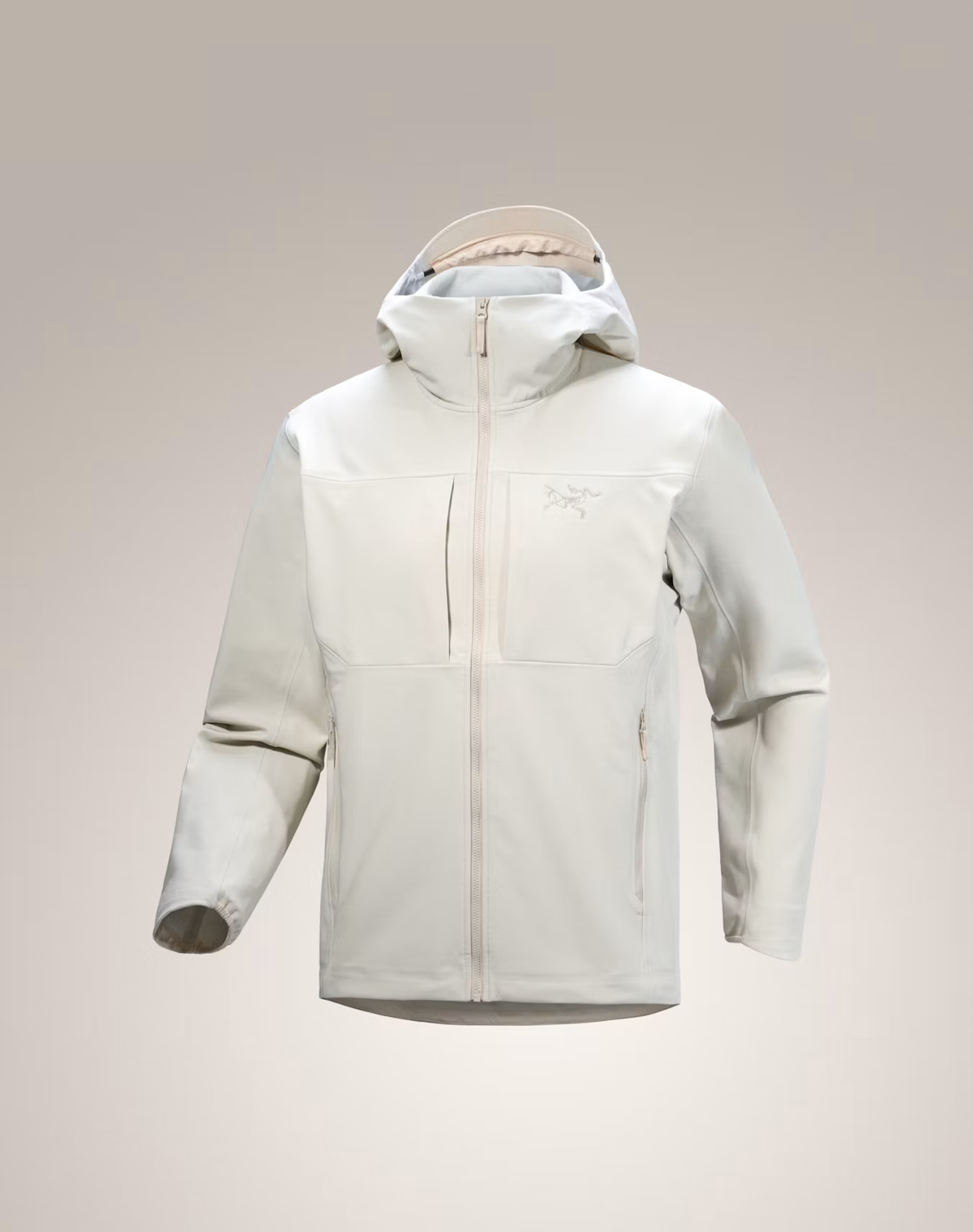 A light off-white Arc'teryx hooded jacket with a full zip front and zippered chest pockets, shown on a neutral beige gradient background. - Arc'teryx Gamma MX Hoody (Men's) - Sea Salt