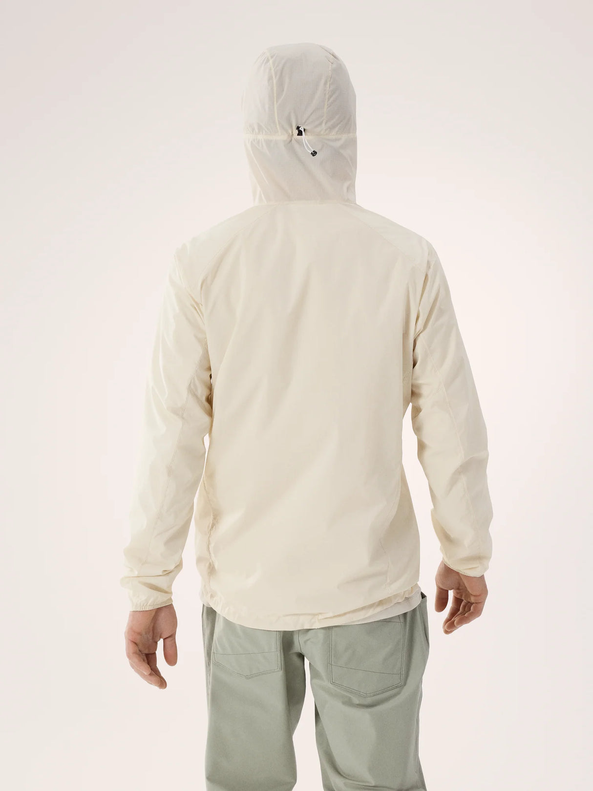 A person shown from the back wearing a light cream hooded jacket and light sage green pants against a plain light background. - Arc'teryx Squamish Hoody (Men's) - Sea Salt