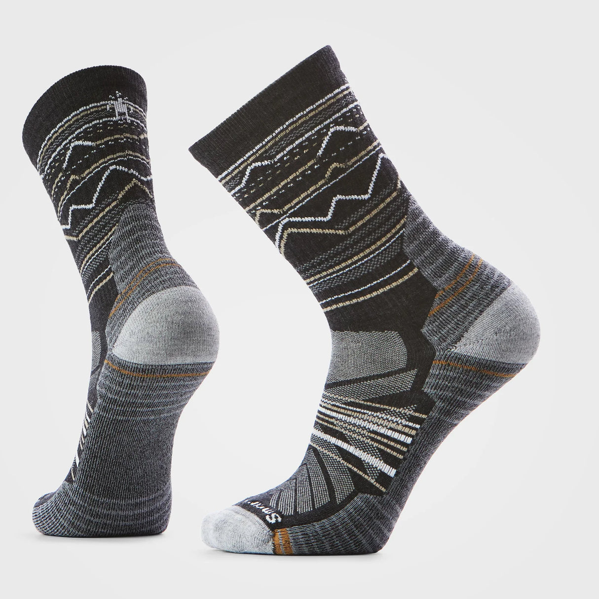 Pair of patterned socks on a light gray background - Smartwool Hike Mountain Range Light Cushion Crew Socks (Unisex) - Charcoal/Light Grey