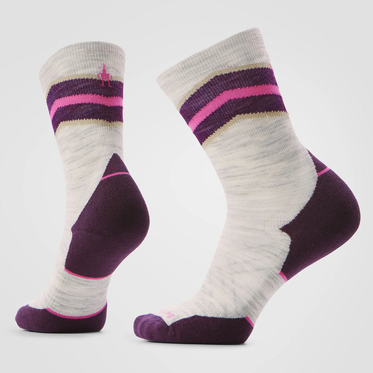 Pair of socks with purple and pink stripes on a light gray background - Smartwool Run Targeted Cushion Mid Crew Socks (Women's) - Ash