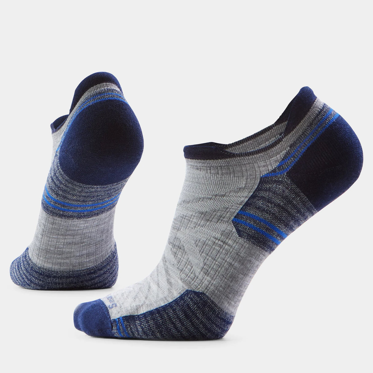 Pair of gray and blue socks on a light gray background - Smartwool Hike Targeted Cushion Low Ankle Socks (Unisex) - Light Grey