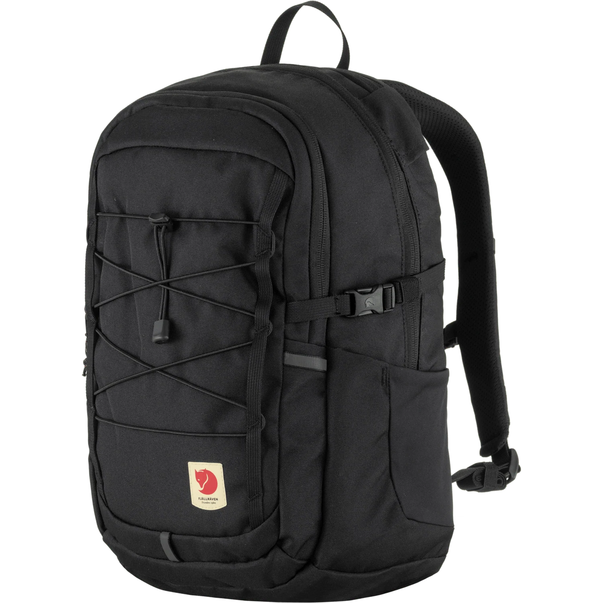 A black Fjälör backpack with multiple zippered compartments, a front lace-up strap detail, and a small red logo patch on a white background. - Fjällräven Skule 20 Backpack - Black