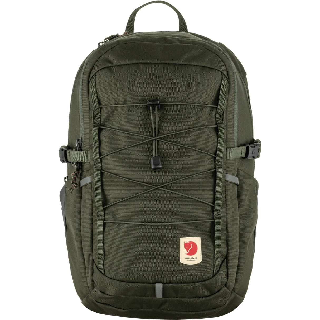 An olive green Fjälleväl backpack with a front zippered pocket, elastic cord compression system, and a small red brand patch on a white background. - Fjällräven Skule 20 Backpack - Deep Forest