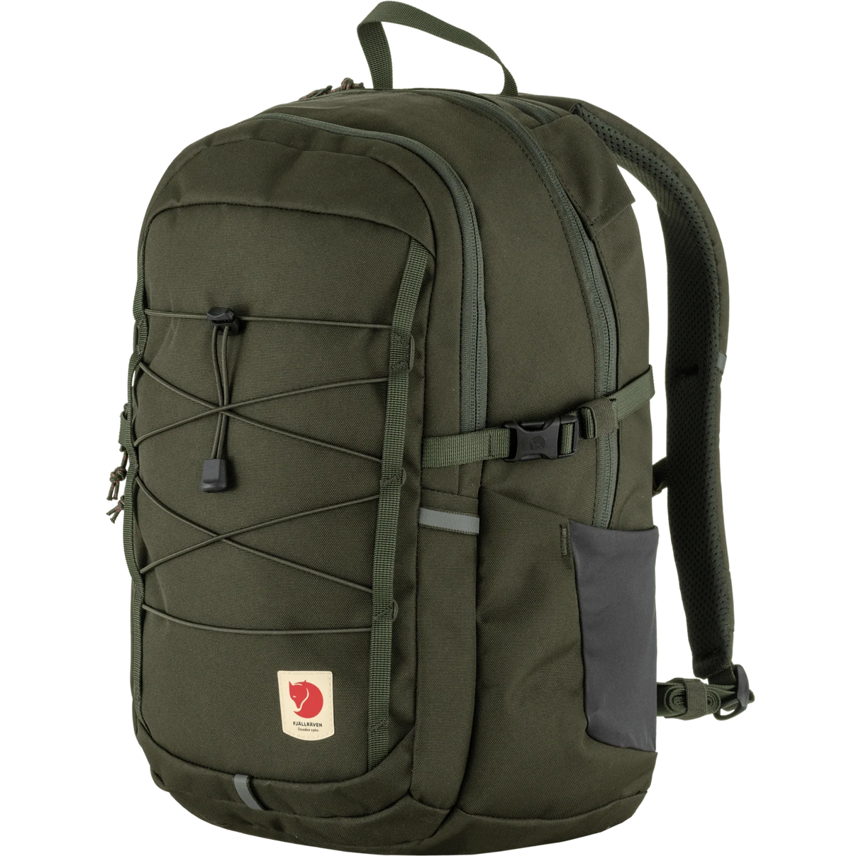 Fjälleväl outdoor backpack in olive green with a dark gray side pocket, front compression straps, and a Fjälleväl logo patch on the lower front, shown on a plain white background. - Fjällräven Skule 20 Backpack - Deep Forest