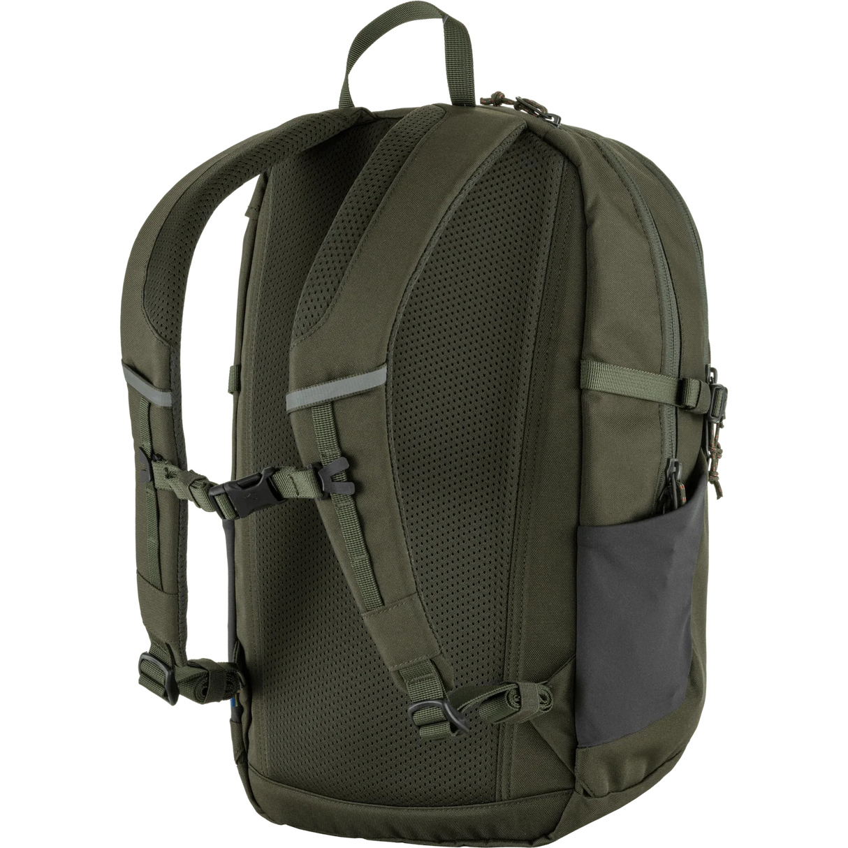 An olive green tactical backpack shown from the back, featuring a breathable mesh back panel, padded shoulder straps, side compression straps, and a dark gray side pocket, set against a plain white background. - Fjällräven Skule 20 Backpack - Deep Forest
