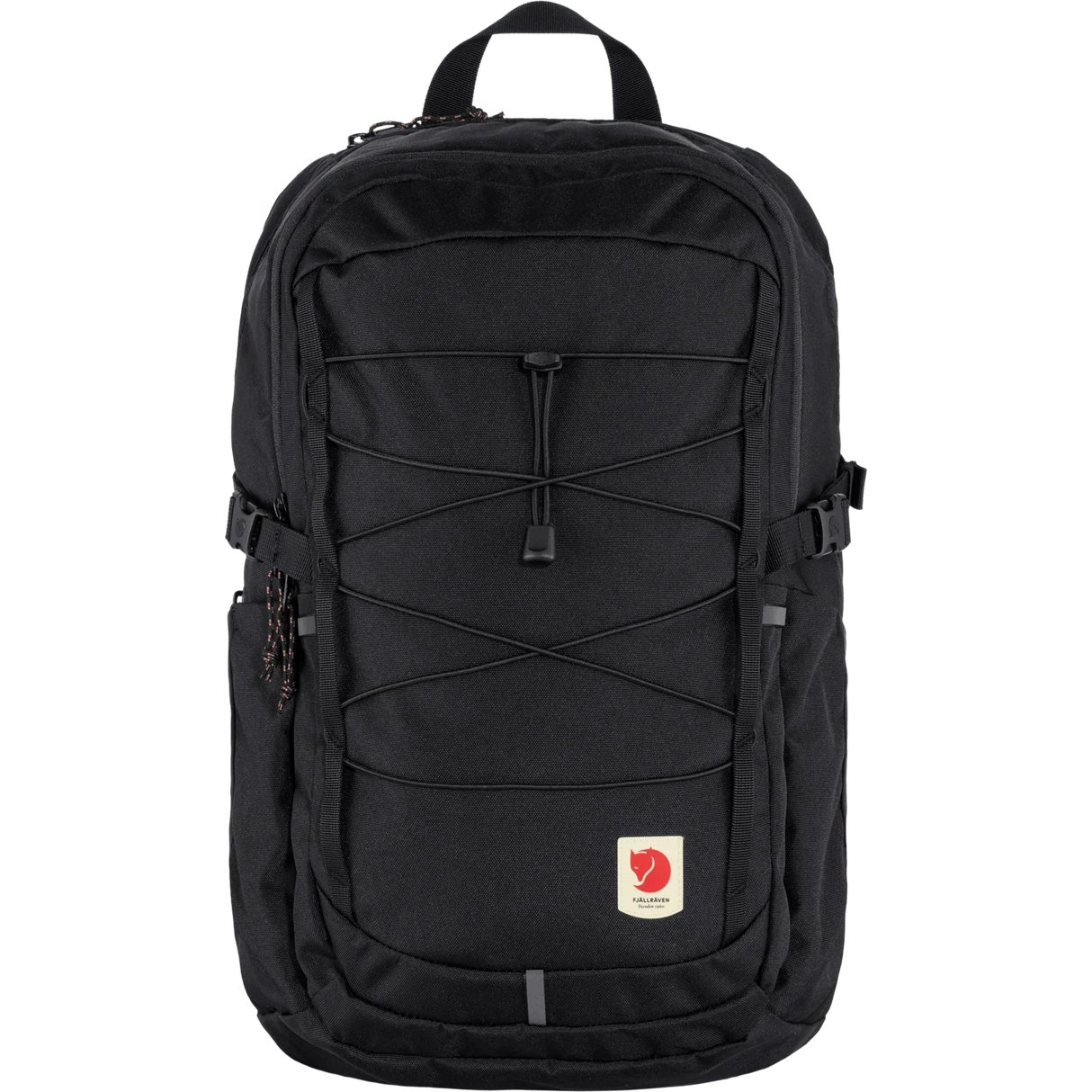 Black backpack with a visible brand logo on a transparent background - Fjällräven Skule 28 Backpack - Black