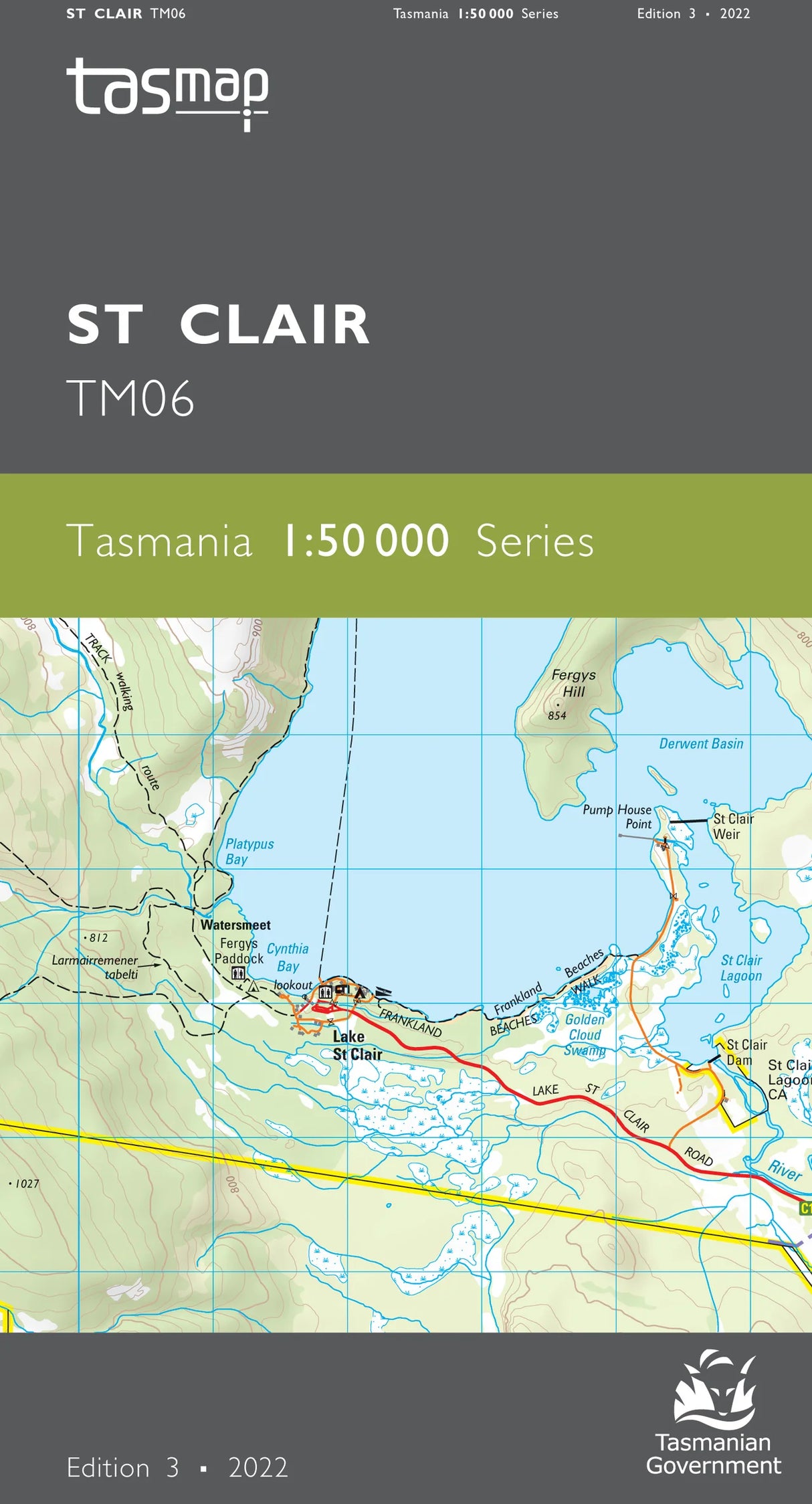 Front cover of a Tasmap St Clair TM06 map publication from the Tasmania 1:50 000 Series, showing a topographic map with roads, water, and terrain, plus publisher and government logos. - Tasmap 1:50000 Topographic/Cadastral Maps - St Clair