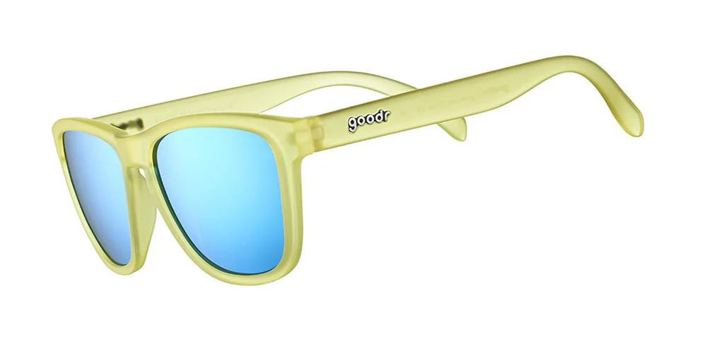 goodr Meatball Hangover Yellow sunglasses with blue lenses on a white background
