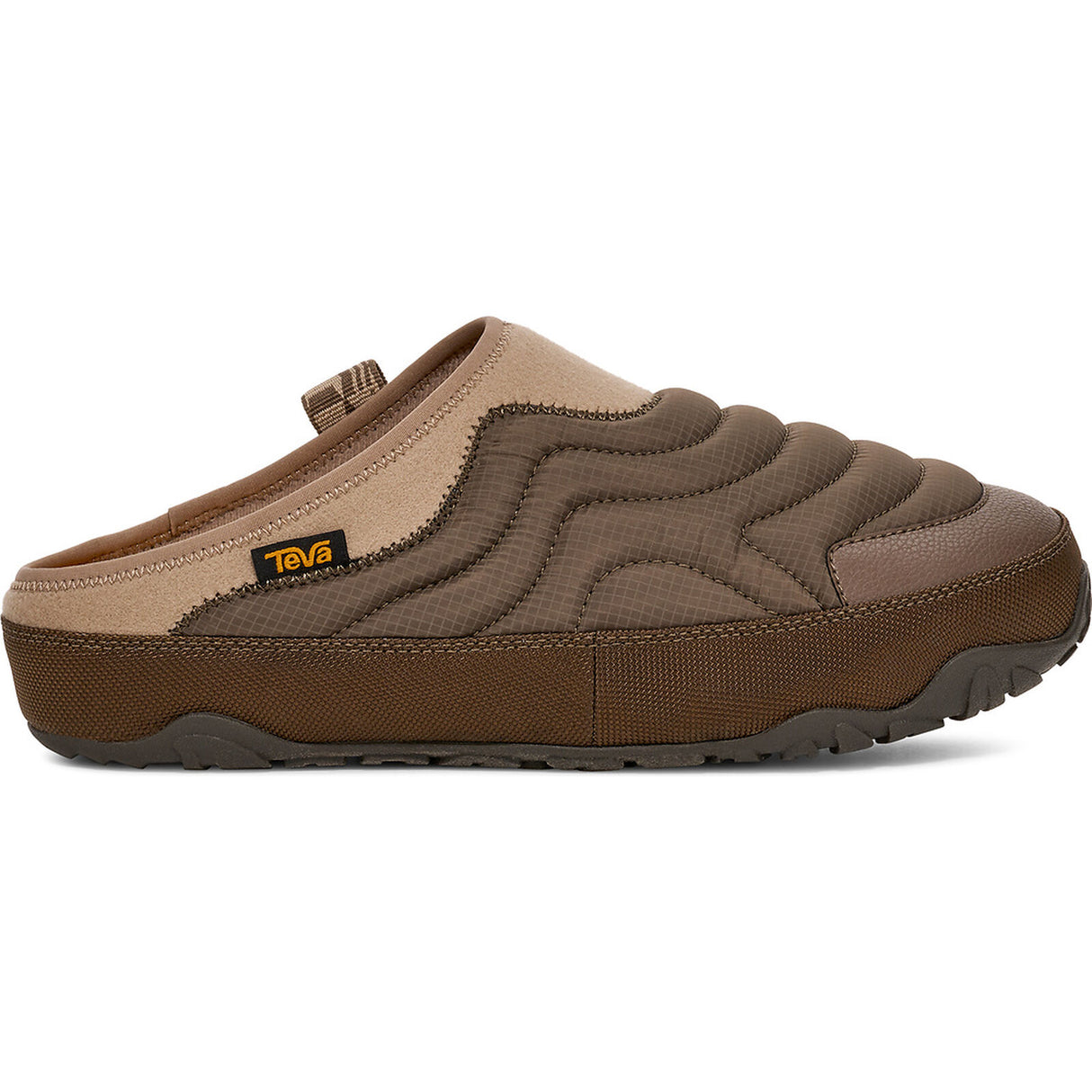 A brown and beige Teva slip-on clog shoe with a wavy quilted pattern on the upper, a thick brown midsole, and a small yellow Teva logo on the side, shown against a plain white background. - Teva ReEmber Terrain (Unisex) - Chocolate Chip