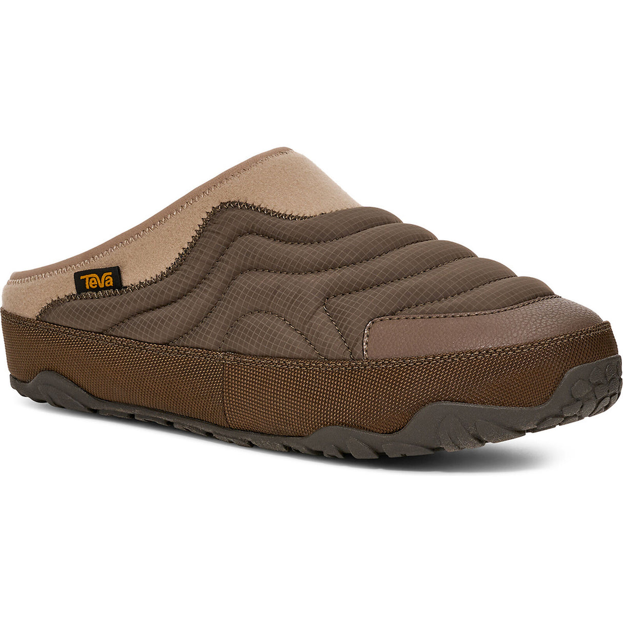 A brown and beige slip-on clog shoe with a wavy quilted upper, textured fabric panels, and a rugged sole, shown on a white background. The Teva logo is visible on the side. - Teva ReEmber Terrain (Unisex) - Chocolate Chip