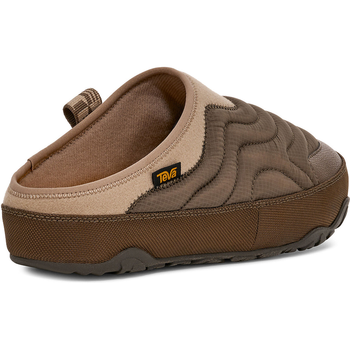 A brown and beige slip-on clog shoe with quilted wavy detailing on the upper, a thick brown platform sole, and a small black and yellow TGA logo on the side, shown against a plain white background. - Teva ReEmber Terrain (Unisex) - Chocolate Chip