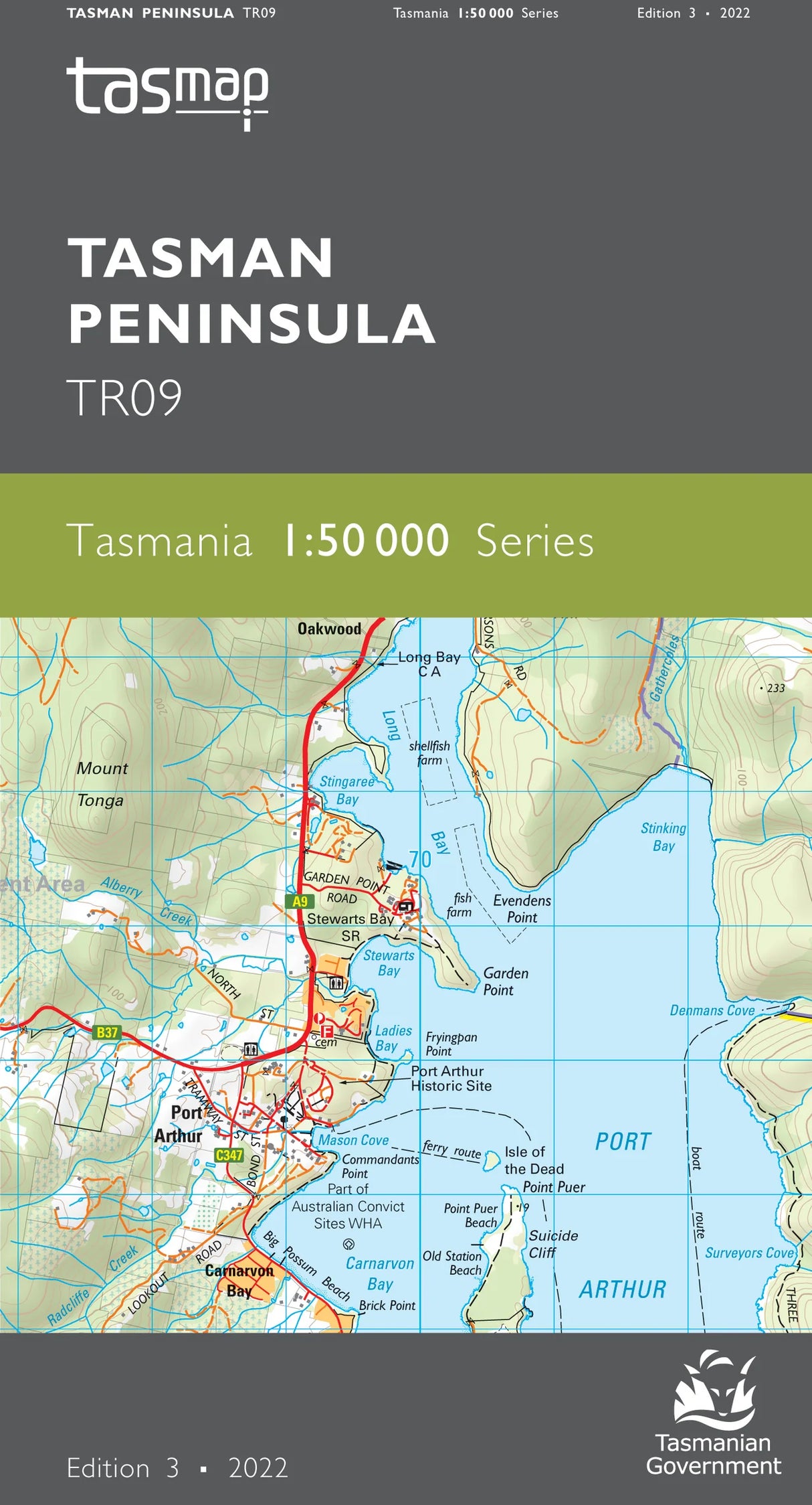Front cover of a Tasman Peninsula TR09 topographic map publication from Tasmap, showing a detailed map of Tasmania with roads, coastlines, and labeled places, plus publication text and publisher logos. - Tasmap 1:50000 Topographic/Cadastral Maps - Tasman Peninsula