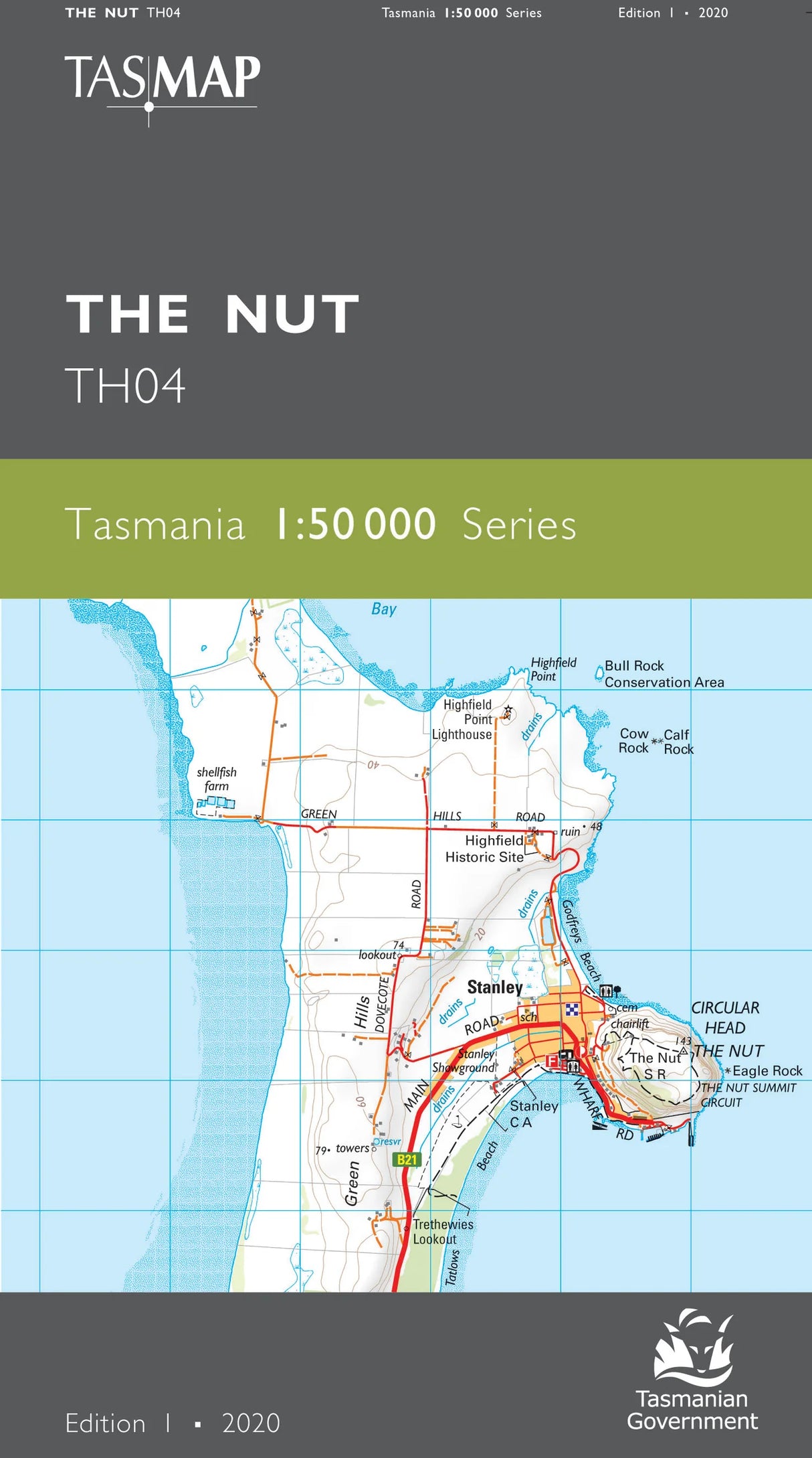 Tasmanian government map cover for The Nut TH04, 1:50,000 Series, Edition 1, 2020. The cover features a dark gray top and bottom with a green band in the middle and a detailed map of Tasmania in the center. - Tasmap 1:50000 Topographic/Cadastral Maps - The Nut