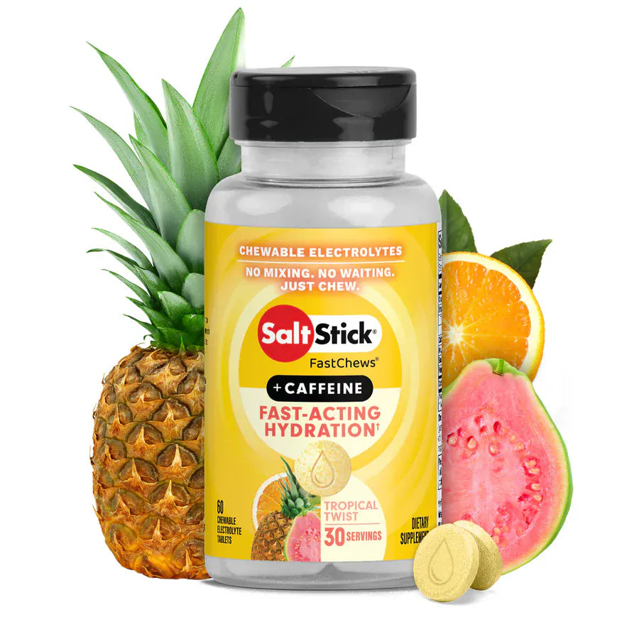 SaltStick FastChews supplement bottle with tropical fruits on a white background - SaltStick FastChews - Tropical Twist Bottle