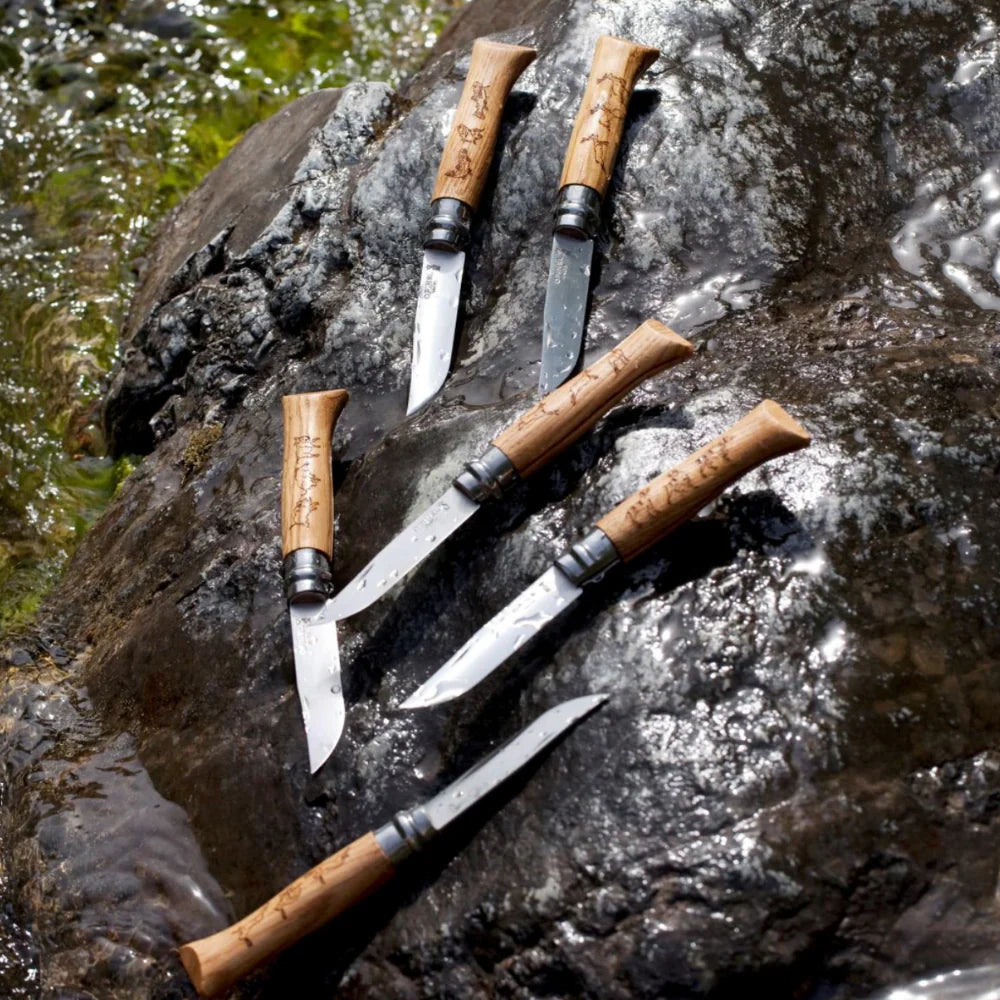 Opinel No°08 Oak Engraved Handle Folding Knife - Animalia Opinel