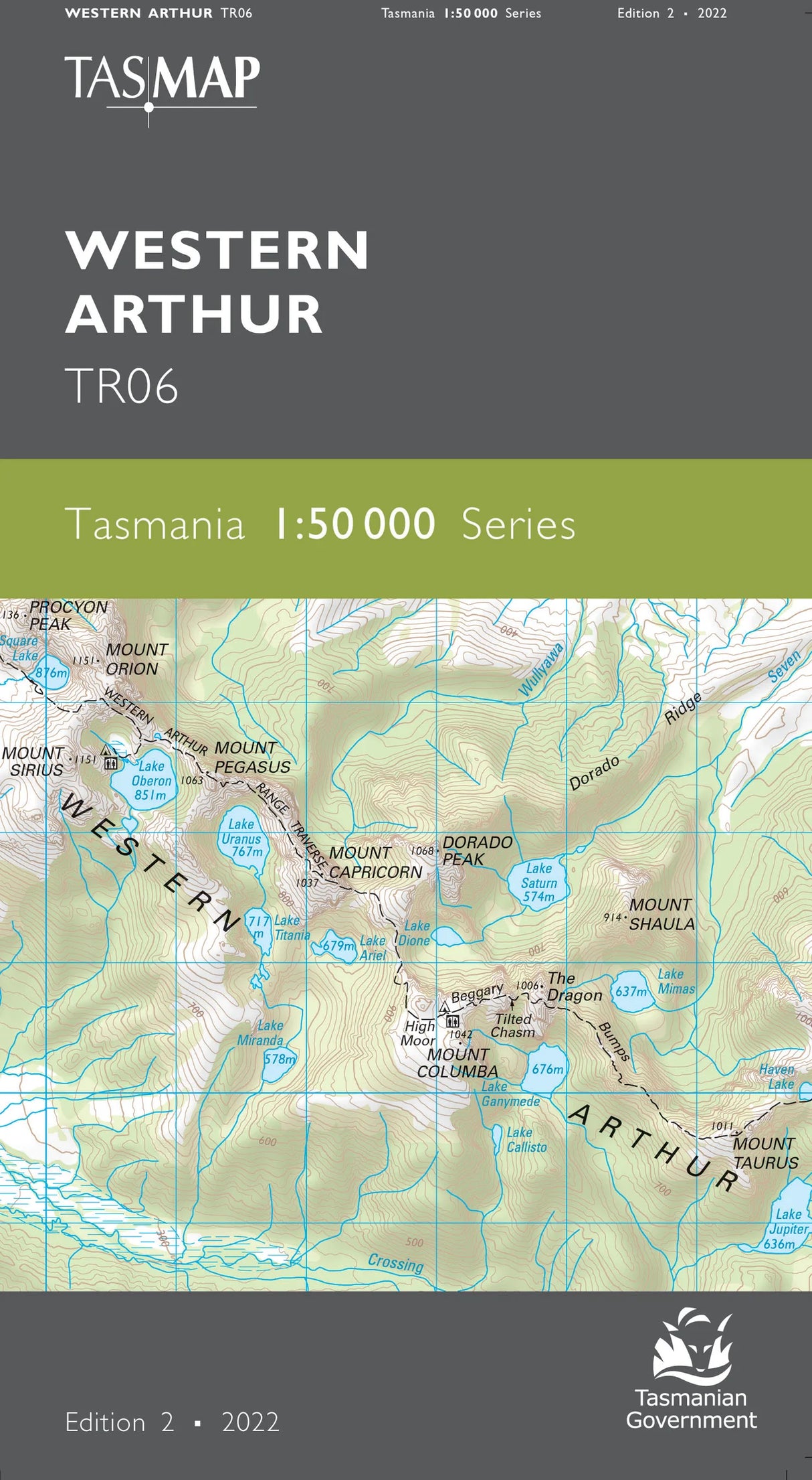 Tasmap Western Arthur TR06 topographical map cover, Edition 2, 2022, featuring a dark gray header and footer with white text and a green band across the center showing the series title over a map illustration. - Tasmap 1:50000 Topographic/Cadastral Maps - Western Arthur