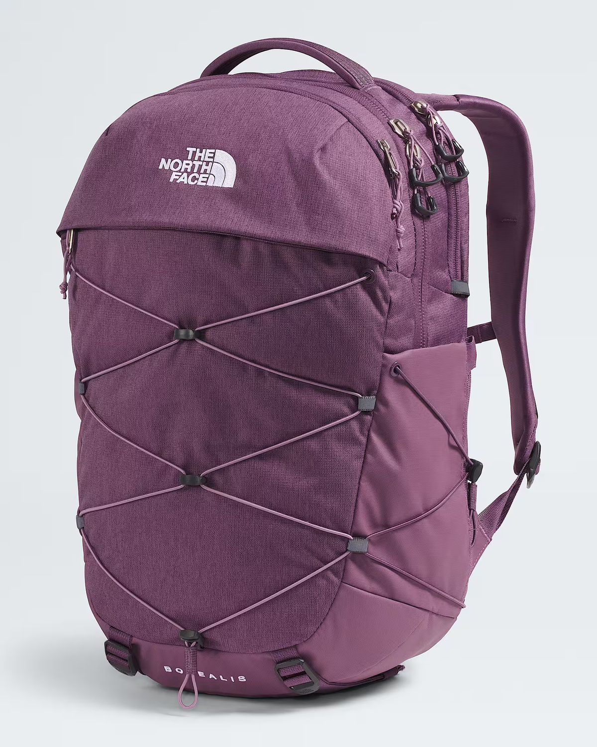 The North Face Salis backpack in a dusty purple color, featuring a crisscross compression cord system on the front, multiple zippered compartments, and padded shoulder straps, shown against a light gray background. - The North Face Borealis Backpack (Women's) - Chroma Purple Light Heather/Hushed Lavender