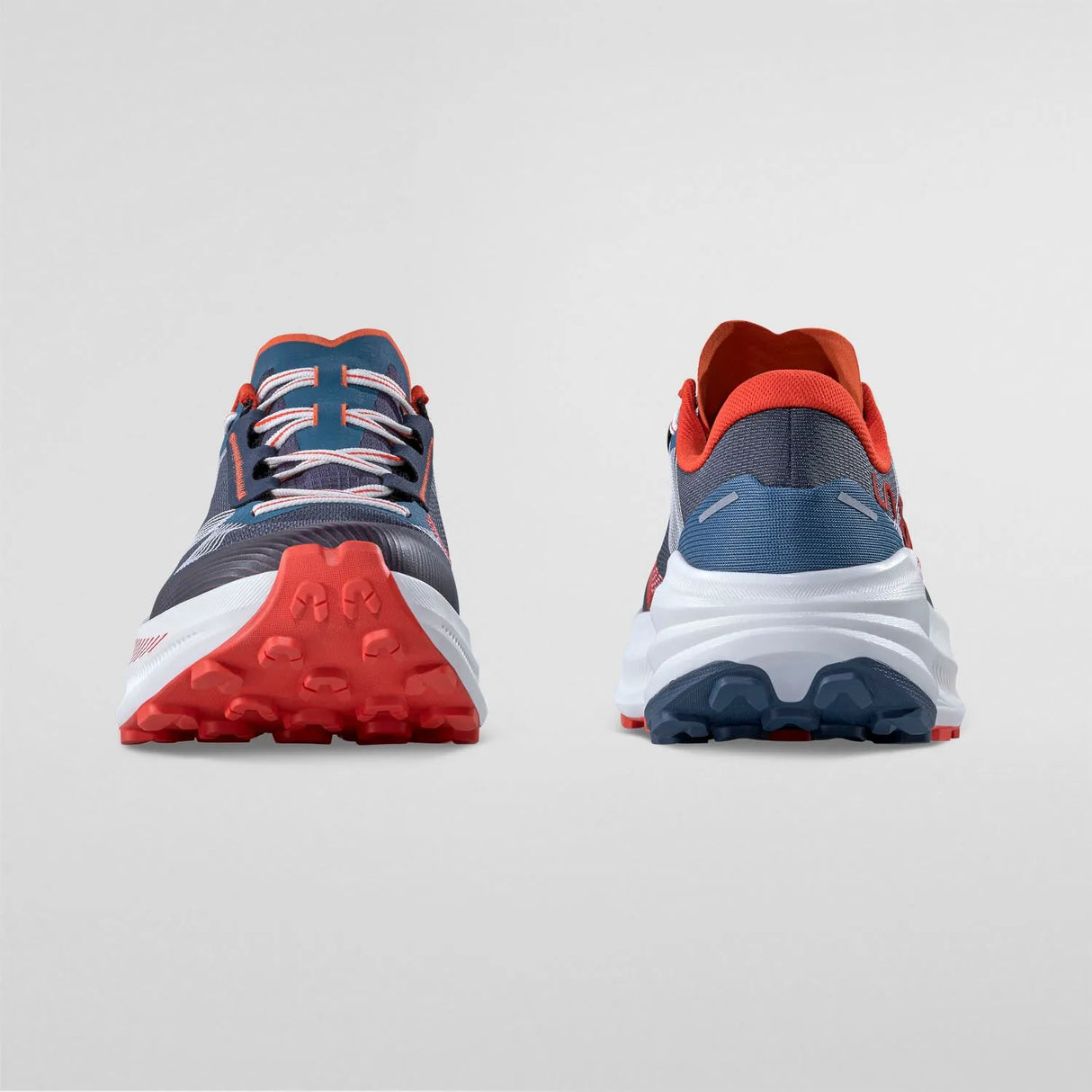 Pair of running shoes showing both the front and back on a light gray background - La Sportiva Prodigio Max Shoes (Men's) - Night Sky/Mountain Red