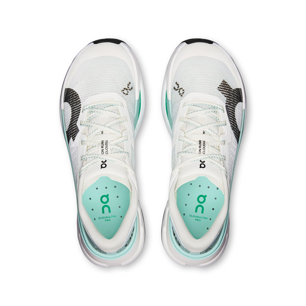 A pair of On Cloudrunner CX running shoes shown from a top-down view, featuring a white mesh upper with mint green and black accents. - On Cloudultra Pro Shoes (Women's) - Ivory/Celeste