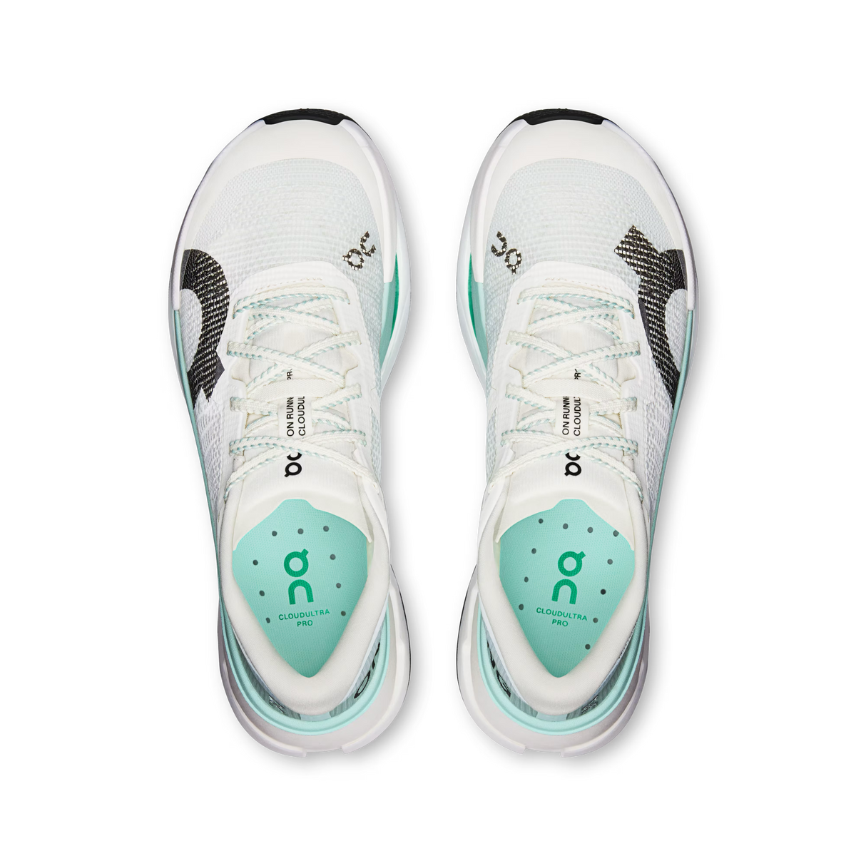A pair of On Cloudrunner 300 running shoes shown from a top-down view, featuring a white mesh upper with mint green accents, black and white textured side panels, and a white midsole with a translucent heel. - On Cloudultra Pro Shoes (Women's) - Ivory/Celeste