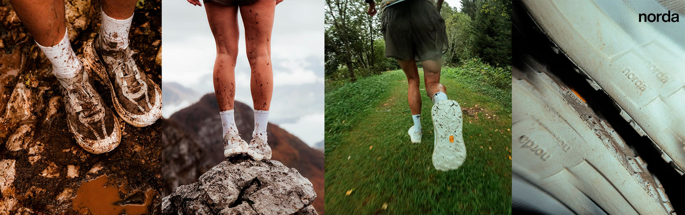 Collage of a person trail running in muddy norda 005 shoes, standing on rocks, and walking on grass.