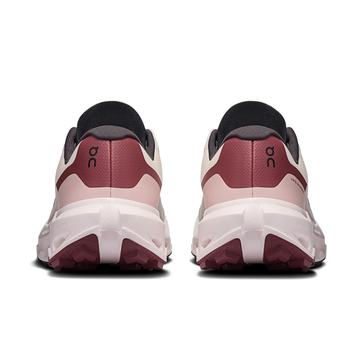 A pair of running shoes shown from the rear, featuring a color-blocked design in dusty rose, cream, and black. The 'on' logo is visible on the heel counter. - On Cloudvista 3 Shoes (Women's) - Oyster/Barberry