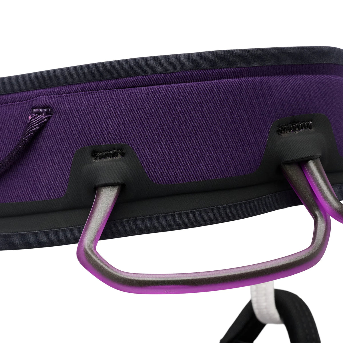 Close-up of a purple bag with black straps on a white background - Black Diamond Zone Harness (Women's) - Piton Purple