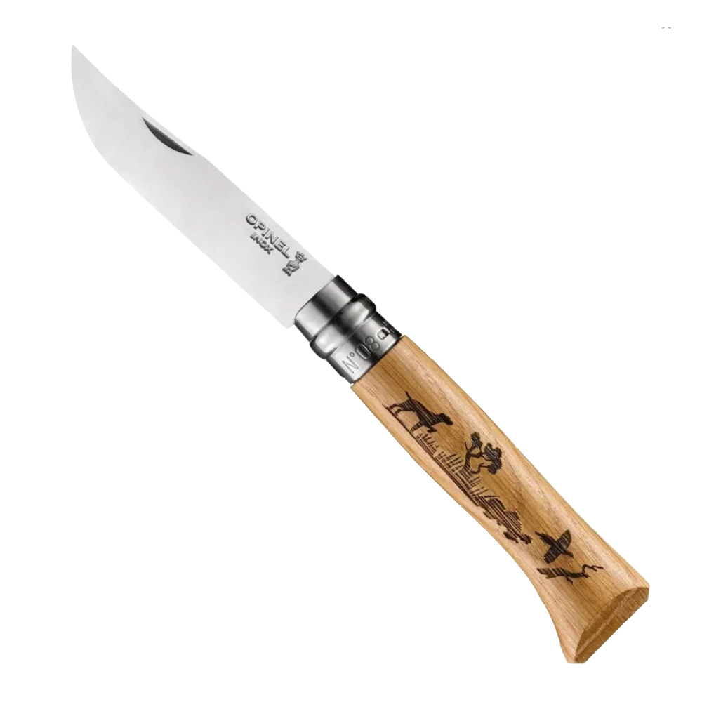 Opinel No°08 Oak Engraved Handle Folding Knife - Animalia Opinel