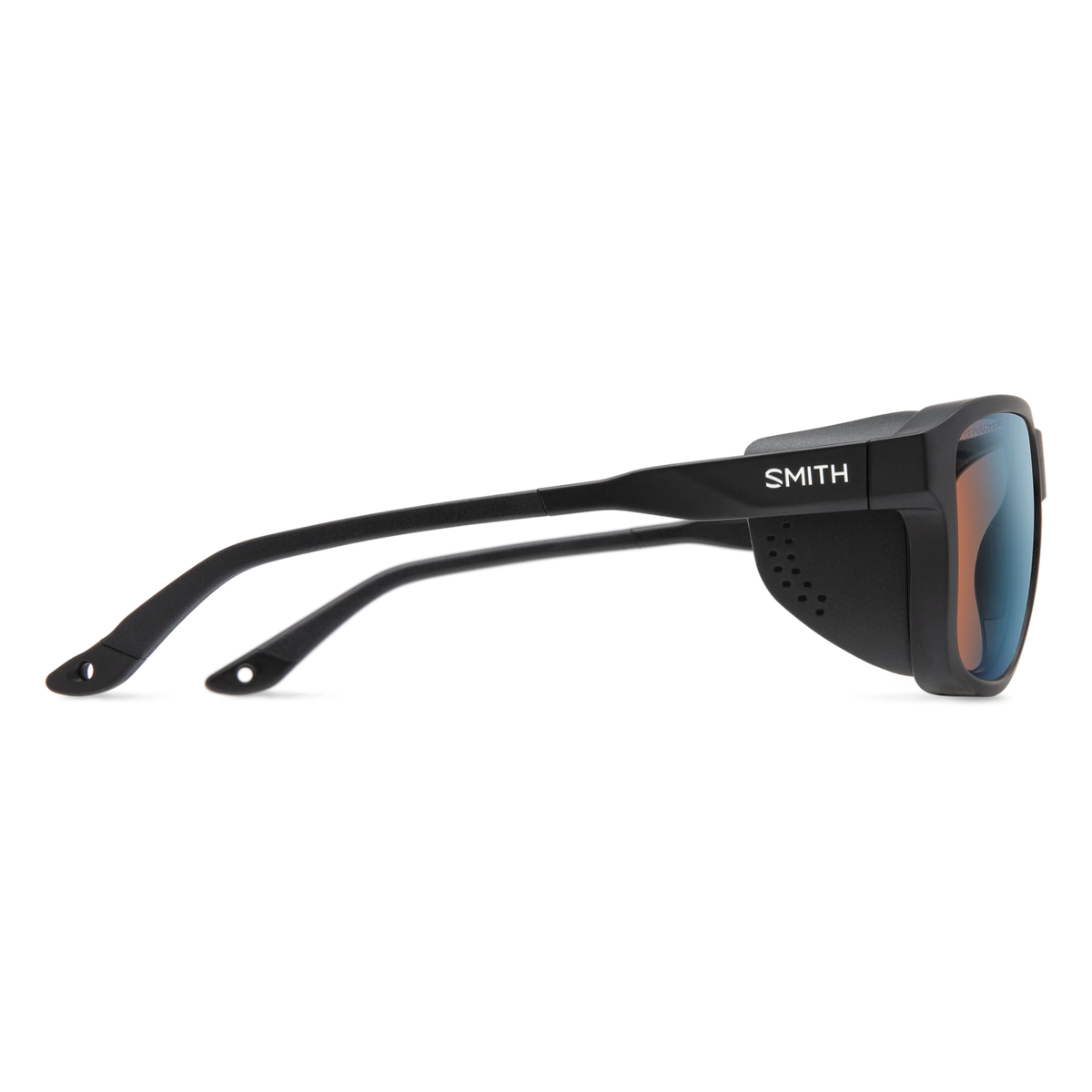 Black Smith sunglasses with a square-shaped lens and a reflective blue-to-orange mirrored finish, shown from a side profile on a white background. - Smith Embark Sunglasses - Matte Black | ChromaPop Glacier Photochromic Copper Blue Mirror