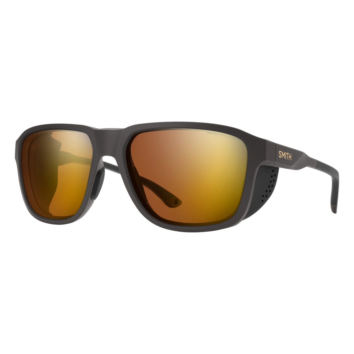 Sunglasses with brown lenses and black frame on a white background - Smith Embark Sunglasses - Matte Gravy | ChromaPop Glacier Photochromic Copper Gold Mirror
