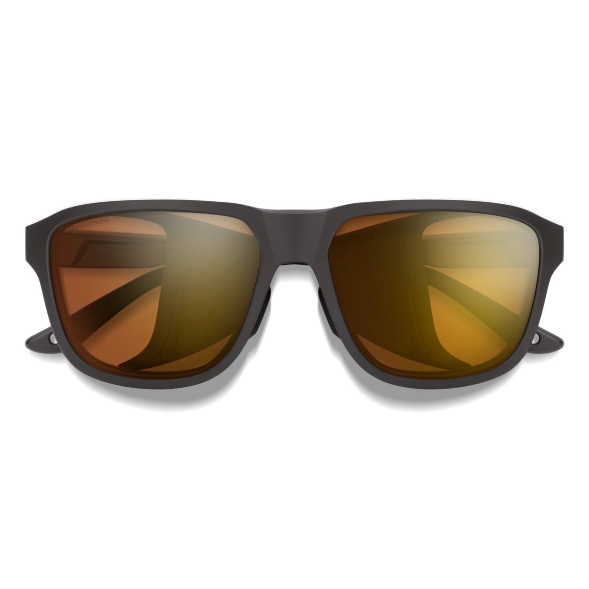 Sunglasses with brown lenses and black frame on a white background - Smith Embark Sunglasses - Matte Gravy | ChromaPop Glacier Photochromic Copper Gold Mirror