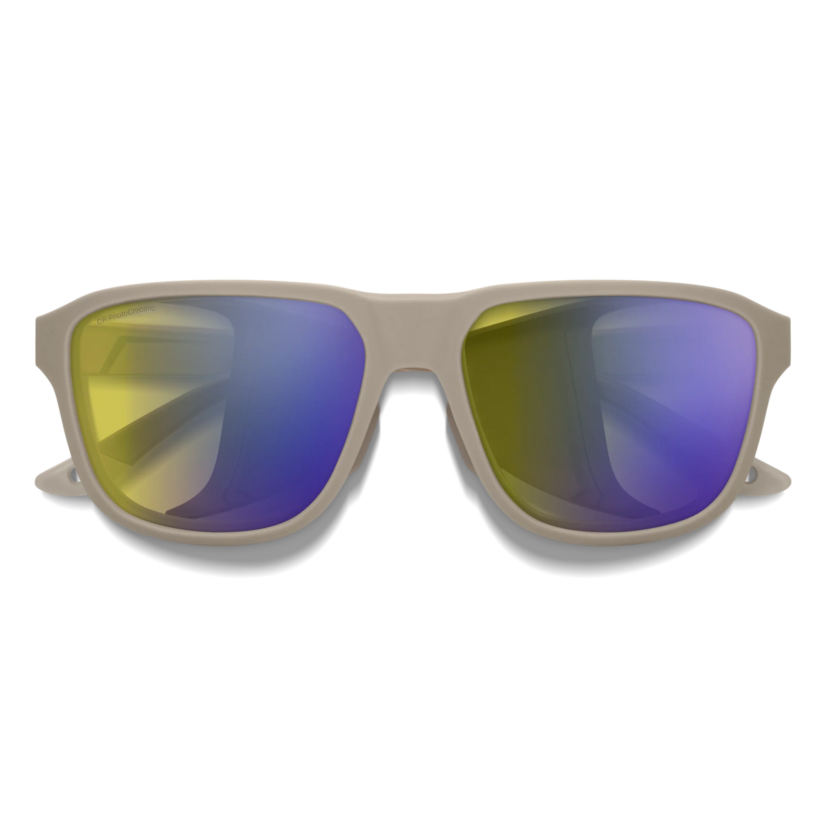 A pair of square-frame sunglasses with a matte taupe frame and mirrored lenses reflecting yellow and blue-purple colors, shown against a plain white background. - Smith Embark Sunglasses - Matte Summit | ChromaPop Glacier Photochromic Yellow Violet Mirror