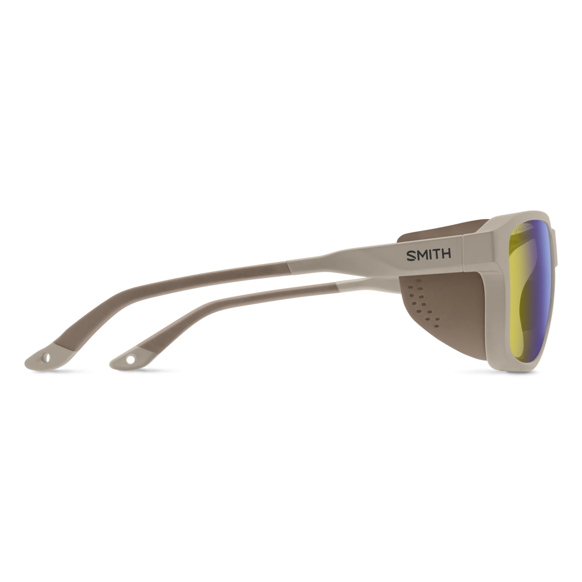 Smith sunglasses with a matte taupe frame and mirrored yellow-to-blue lenses, shown from a side profile on a white background. - Smith Embark Sunglasses - Matte Summit | ChromaPop Glacier Photochromic Yellow Violet Mirror