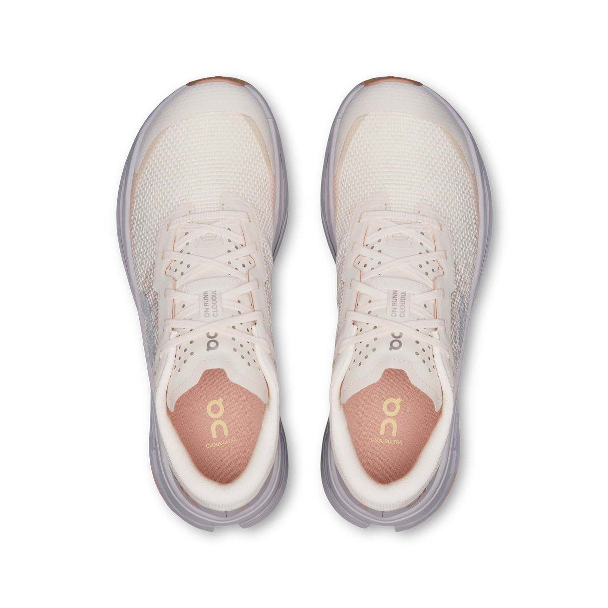 A top-down view of a pair of On Cloudrunning sneakers in a light cream and beige colorway, featuring a breathable mesh upper, white laces, and a soft pinkish-orange footbed visible inside the open toes. - On Cloudultra 3 Shoes (Women's) - Oyster/Ether