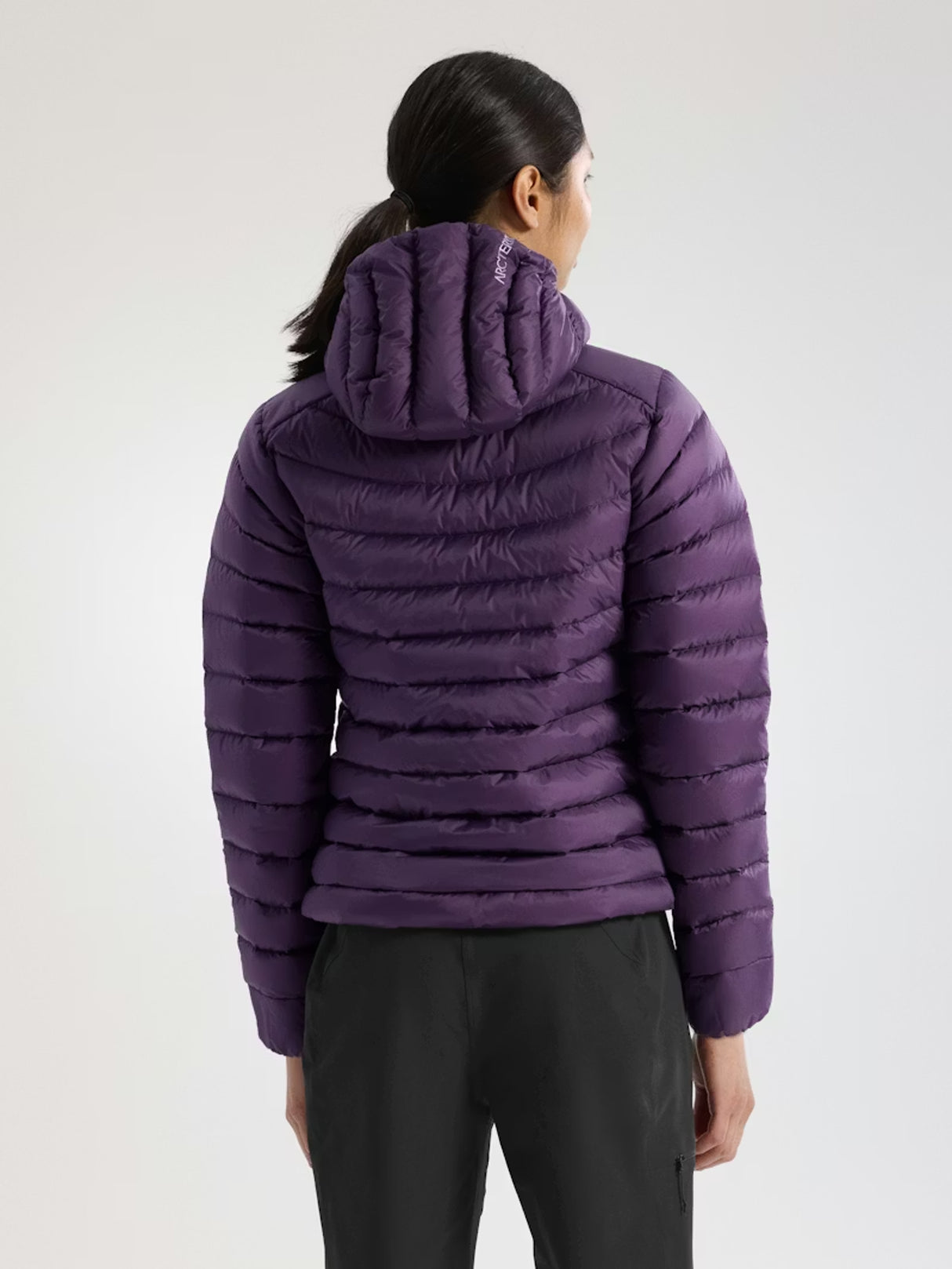 A woman shown from the back wearing a purple hooded puffer jacket and black pants against a light gray studio background. - Arc'teryx Cerium Hoody (Women's) - Moondrop
