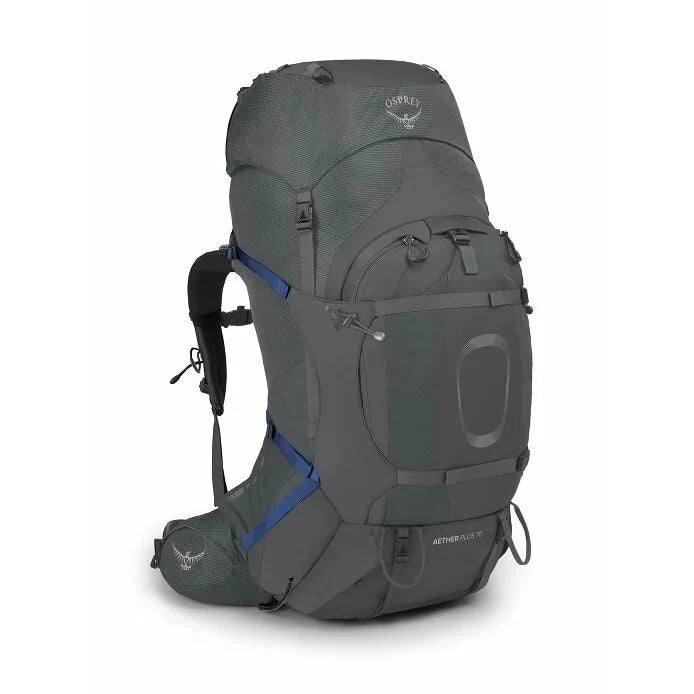 Gray Osprey hiking backpack on a white background - Osprey Aether Plus 70 Backpack (Men's) - Eclipse Grey