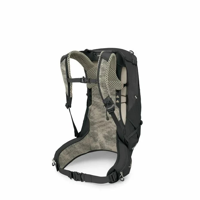 Black and gray hydration backpack on a white background - Osprey Stratos 24 Backpack (Men's) - Raven Black