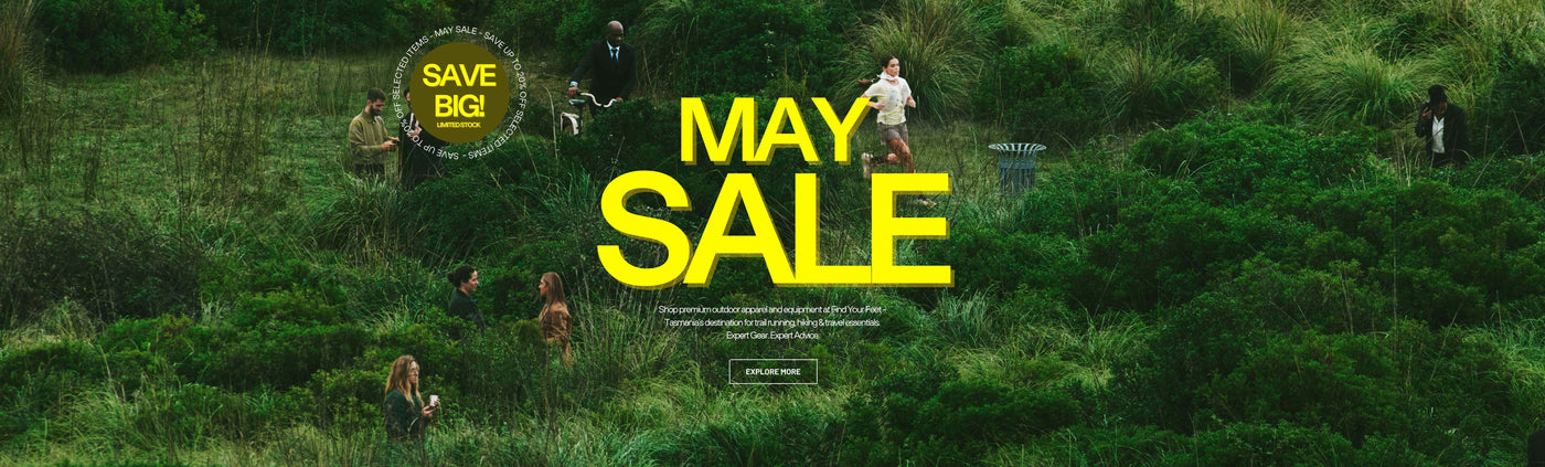 Advertisement for a May Sale at find your feet tasmania with people running in a forest, featuring promotional text and branding
