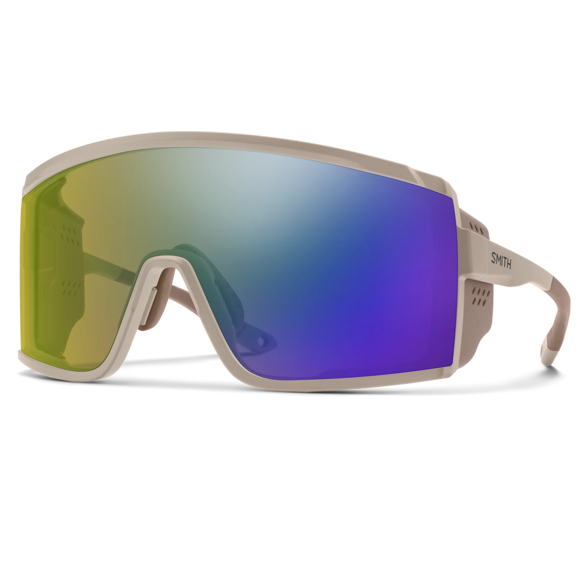 Beige goggles with green and blue gradient lenses on a white background - Smith Pursuit Sunglasses - Matte Summit | ChromaPop Glacier Photochromic Yellow Violet Mirror