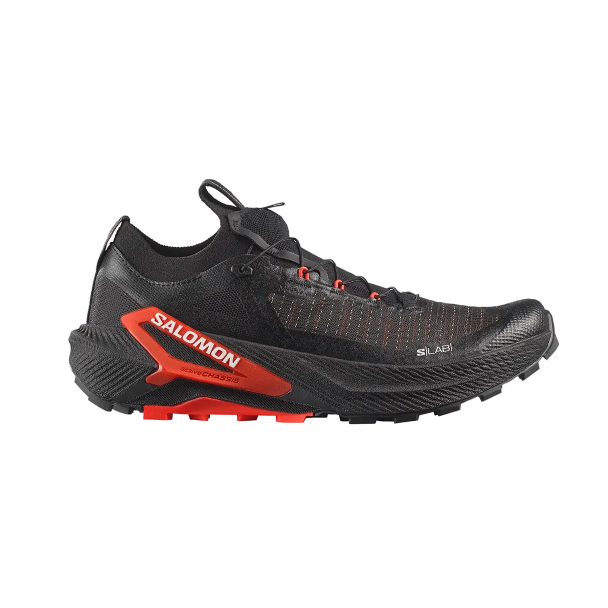 A Salomon trail running shoe in black and red, shown from a lateral profile view against a light gray background. - Salomon S/LAB Genesis 2 Shoes (Unisex) - Black/Black/Fiery Red