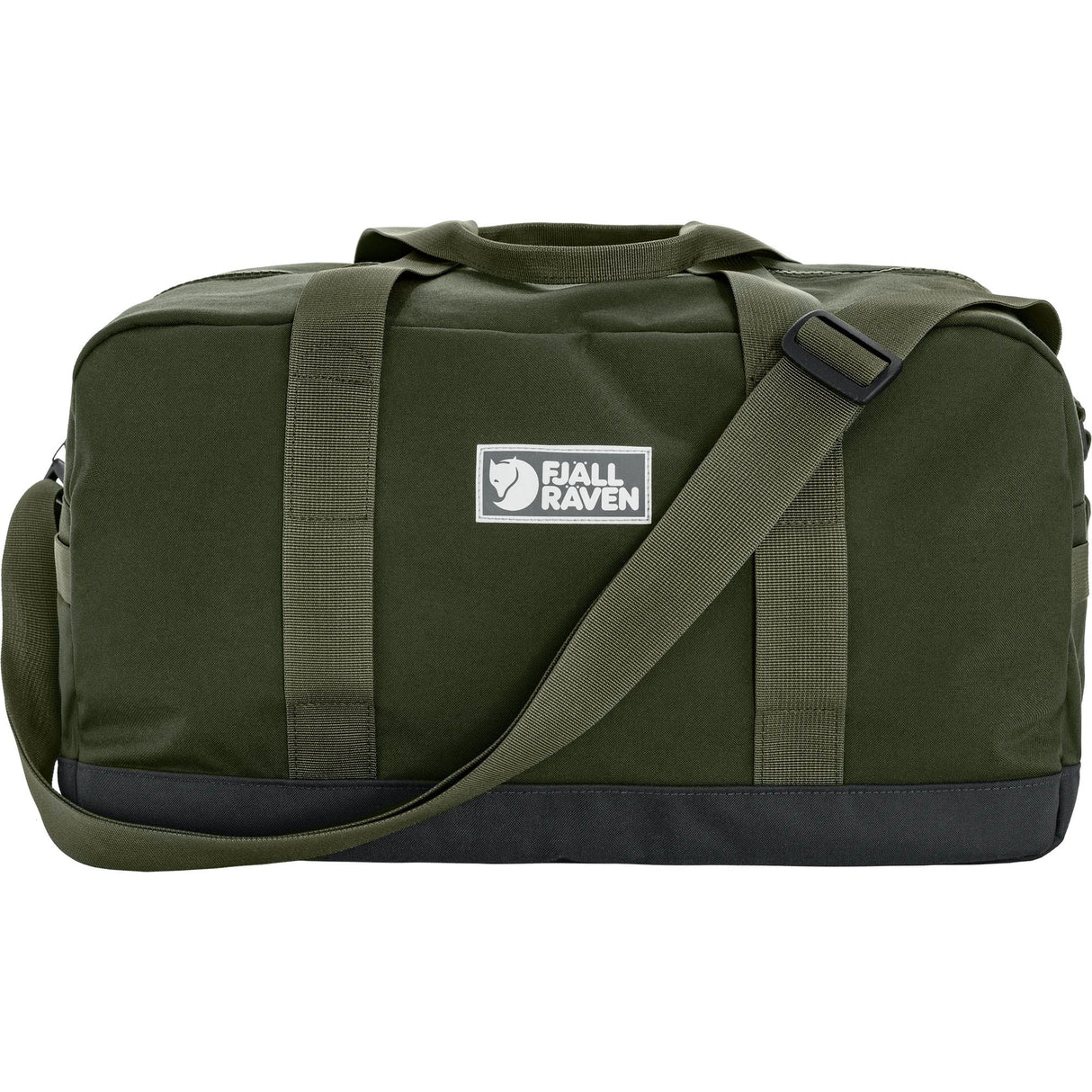 Green duffel bag with a visible brand logo on a white background - Fjällräven Vardag Duffel 33L - Deep Forest